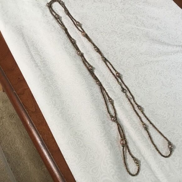 Copper Seed Bead with Faux Peach Pearls Necklace - Picture 4 of 6